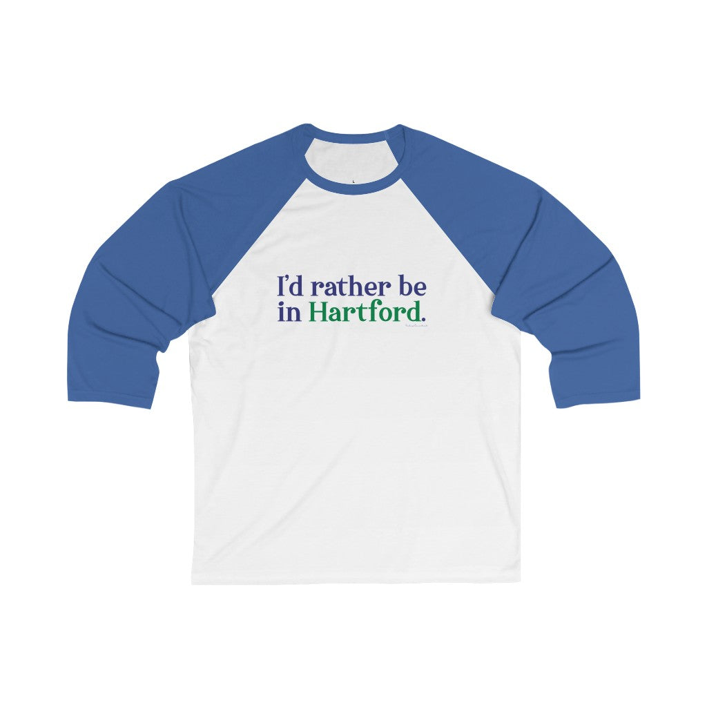 I’d rather be in Hartford Unisex 3/4 Sleeve Baseball Tee  Proceeds of this collection go to help build Finding Connecticut’s website and brand. • Free USA shipping.   Click here to go to our home page 

I'd rather be in hartford // hartford connecticut unisex shirt // finding connecticut