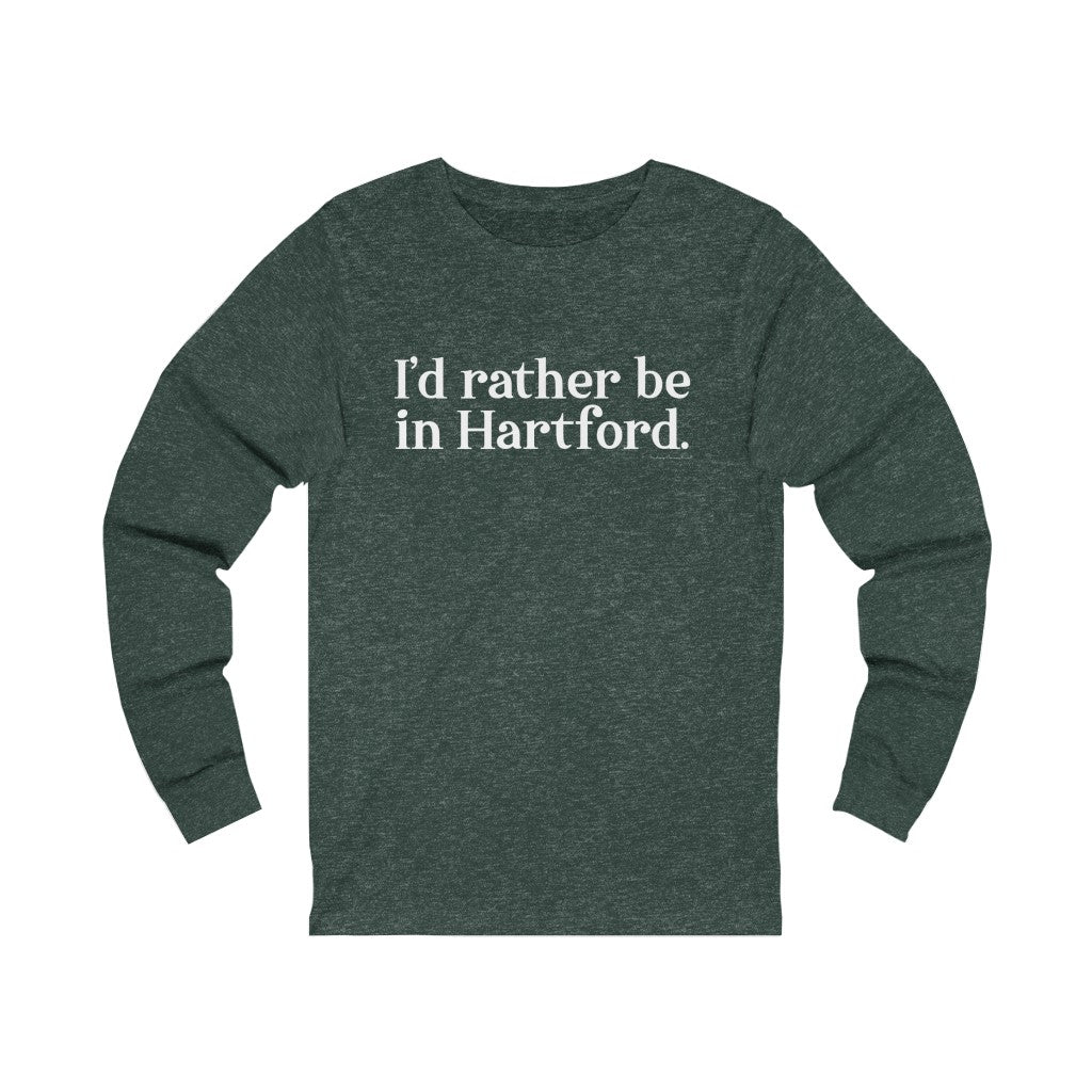 I’d rather be in Hartford Unisex Jersey Long Sleeve Tee   Proceeds of this collection go to help build Finding Connecticut’s website and brand. • Free USA shipping.   Click here to go to our home page 

I'd rather be in hartford // hartford ct long sleeve t  shirt // finding connecticut