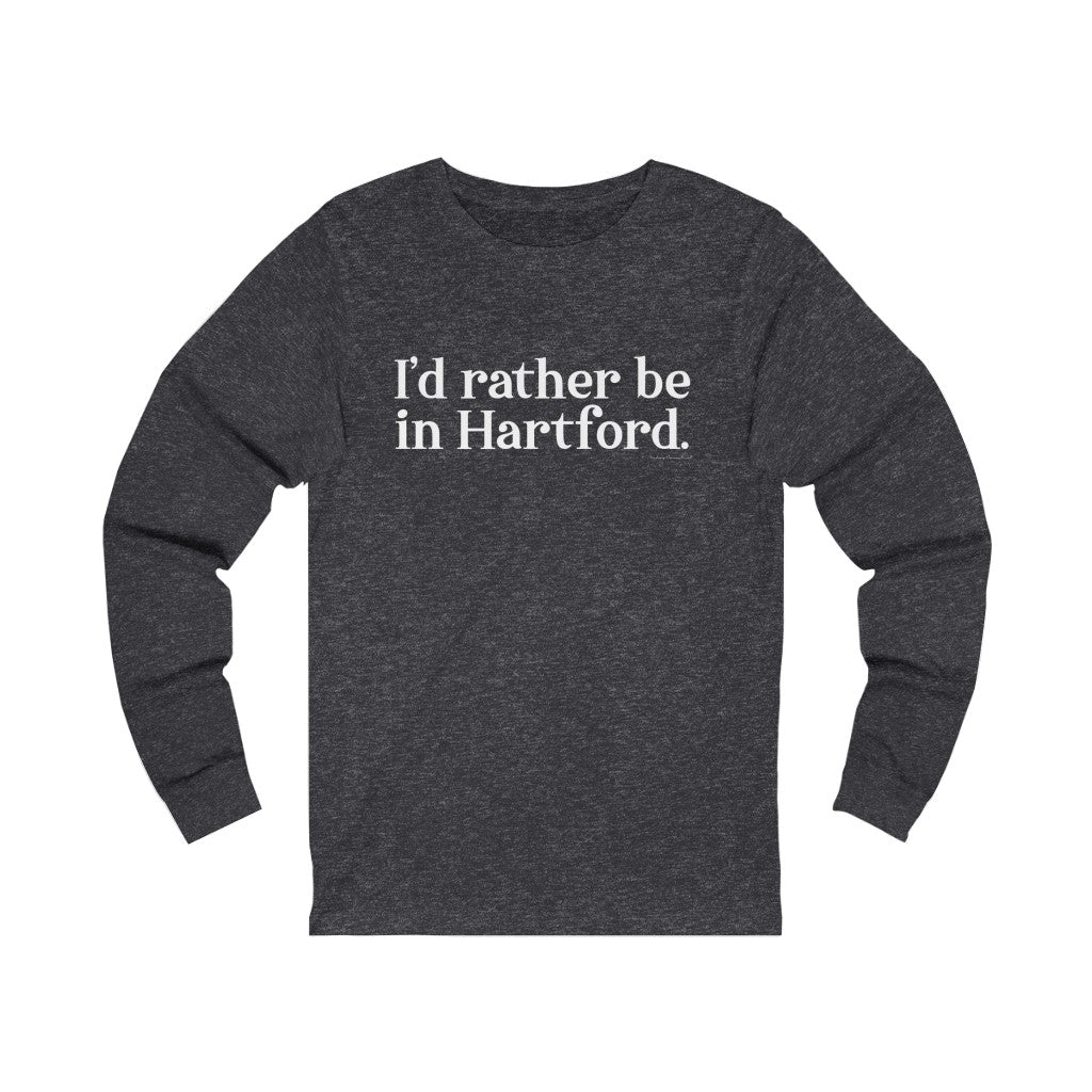 I’d rather be in Hartford Unisex Jersey Long Sleeve Tee   Proceeds of this collection go to help build Finding Connecticut’s website and brand. • Free USA shipping.   Click here to go to our home page 

I'd rather be in hartford // hartford ct long sleeve t  shirt // finding connecticut