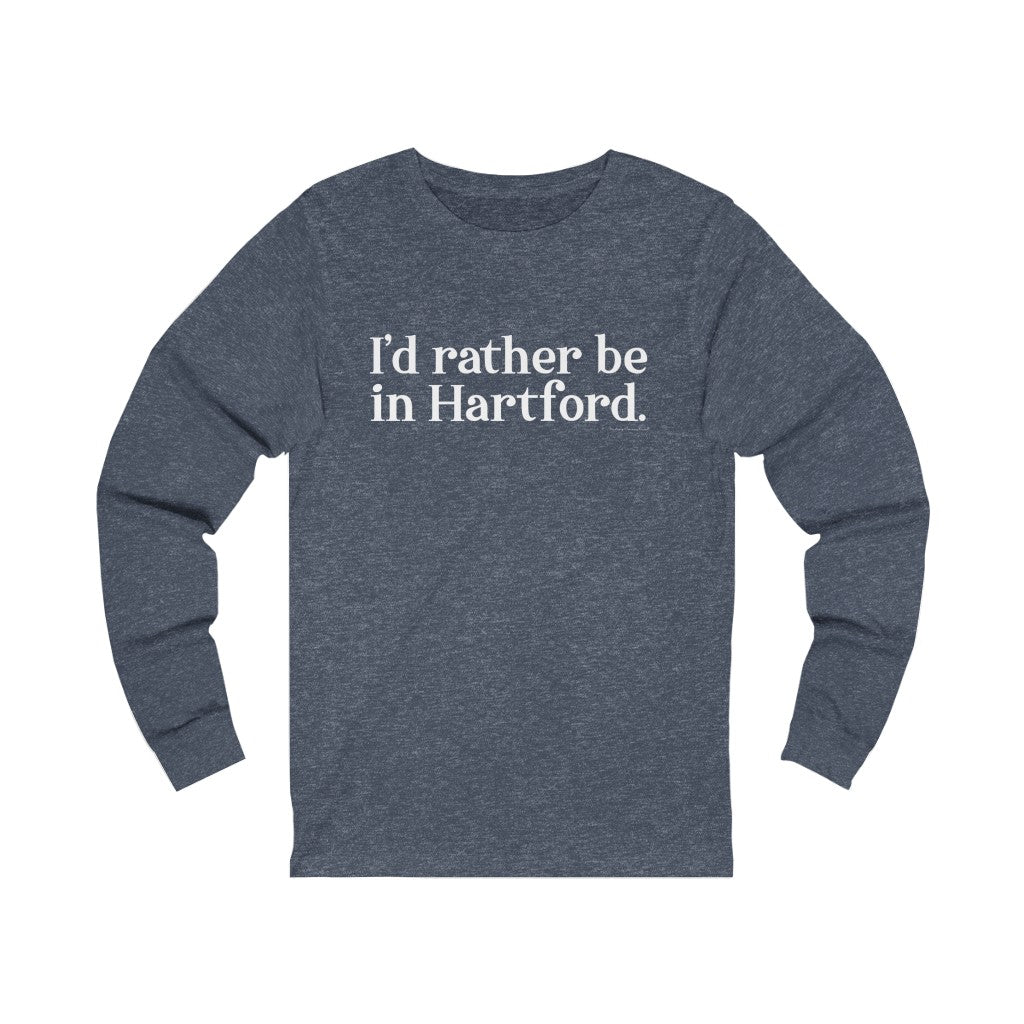 I’d rather be in Hartford Unisex Jersey Long Sleeve Tee   Proceeds of this collection go to help build Finding Connecticut’s website and brand. • Free USA shipping.   Click here to go to our home page 

I'd rather be in hartford // hartford ct long sleeve t  shirt // finding connecticut