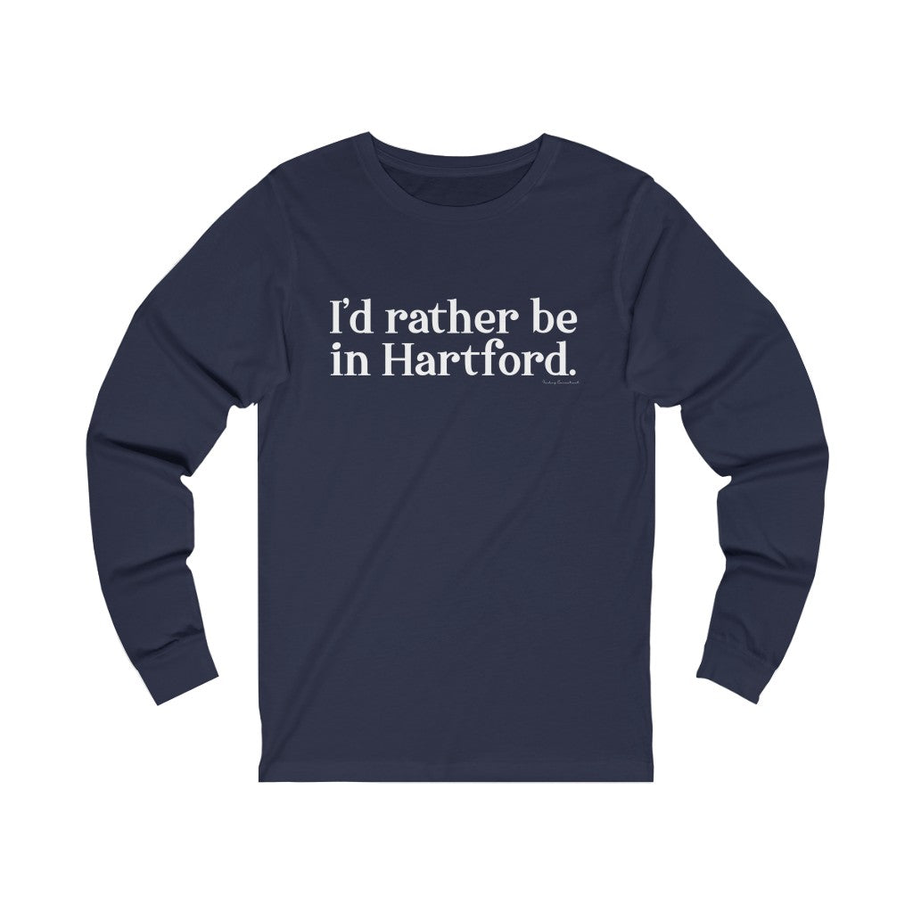 I’d rather be in Hartford Unisex Jersey Long Sleeve Tee   Proceeds of this collection go to help build Finding Connecticut’s website and brand. • Free USA shipping.   Click here to go to our home page 

I'd rather be in hartford // hartford ct long sleeve t  shirt // finding connecticut