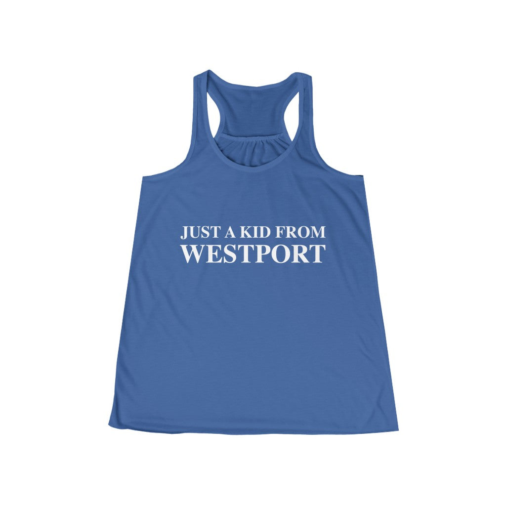 Just a kid from Westport Women's Flowy Racerback Tank