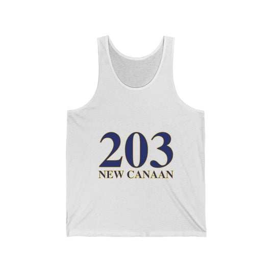 203 New Canaan Unisex Jersey Tank  The 203 New Canaan Collection. Show off New Canaan and Connecticut at the same time. Colors were inspired by the Connecticut state flag.   Proceeds help build Finding New Canaan and Finding Connecticut's brand.  