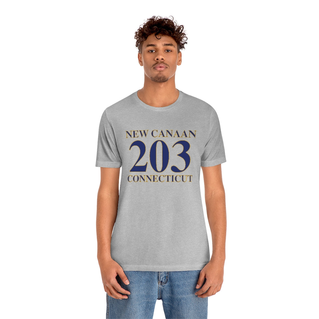 New Canaan 203 Connecticut Unisex Jersey Short Sleeve Tee The 203 New Canaan Collection. Show off New Canaan and Connecticut at the same time. Colors were inspired by the Connecticut state flag.   Proceeds help build Finding New Canaan and Finding Connecticut's brand. 