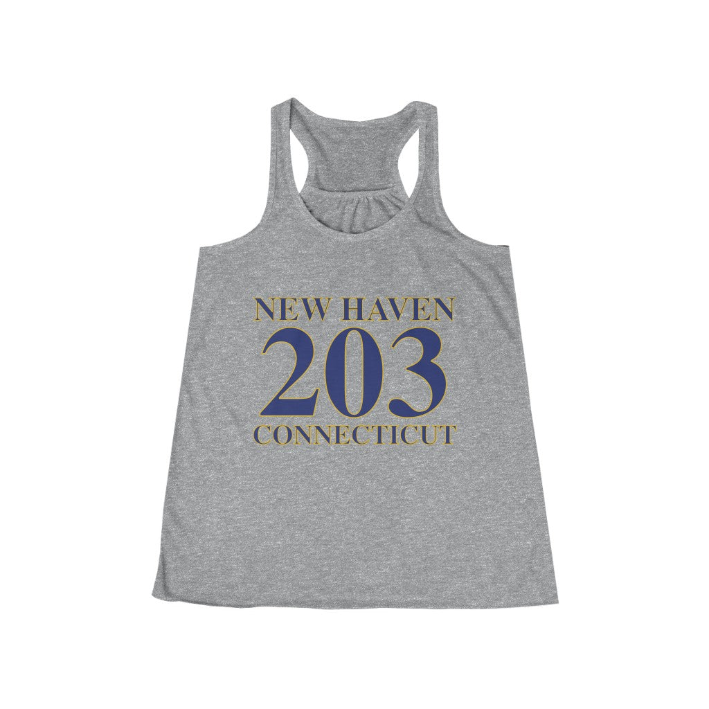 New Haven 203  Connecticut Women's Flowy Racerback Tank New Haven 203 Collection. Inspired by the Connecticut flag and the 203! Show off for your pride for Connecticut and Hartford!   Proceeds of this collection go to help build Finding Connecticut’s website and brand. • Free USA shipping   Click here to go to our home page 