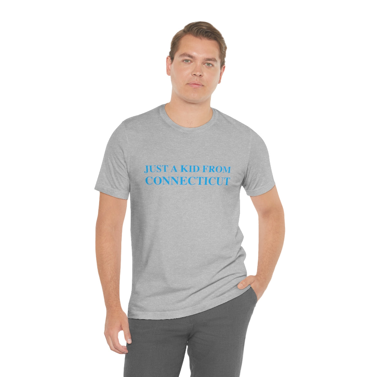 Just a kid from Connecticut Unisex Jersey Short Sleeve Tee - Blue Font