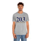 203 New Canaan Unisex Jersey Short Sleeve Tee  The 203 New Canaan Collection. Show off New Canaan and Connecticut at the same time. Colors were inspired by the Connecticut state flag.   Proceeds help build Finding New Canaan and Finding Connecticut's brand. 