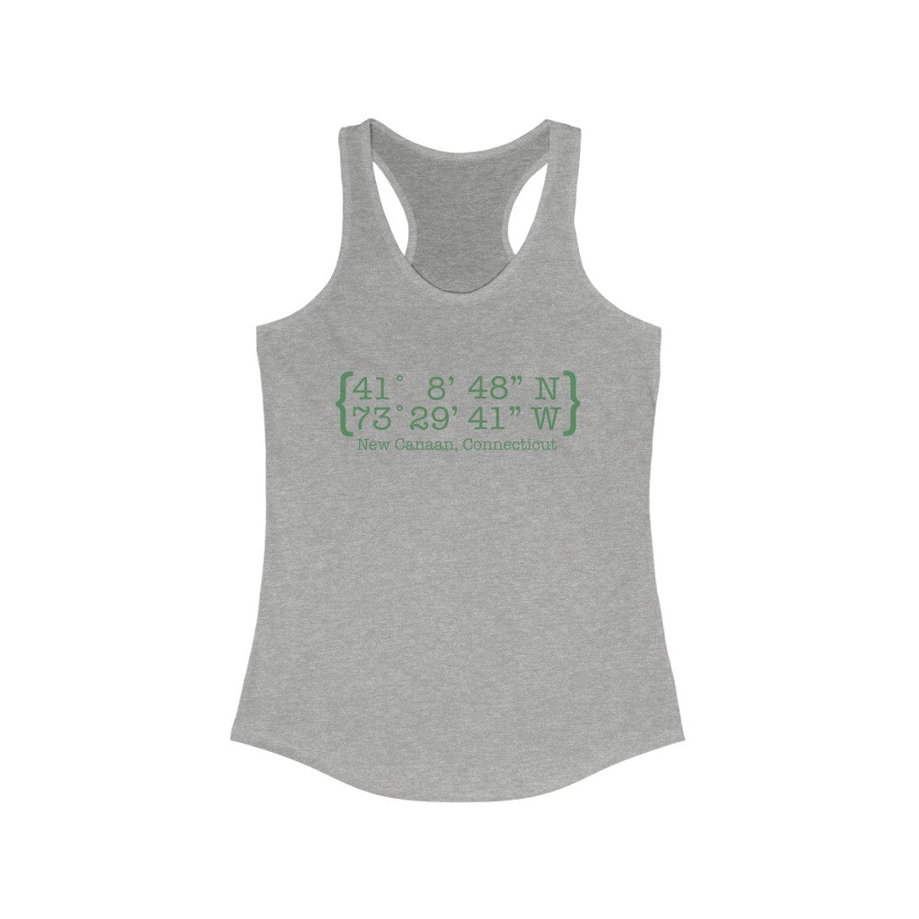  New Canaan Coordinates Women's Ideal Racerback Tank  Does New Canaan, Connecticut always have a special place in your heart. The Coordinates collection marks the spot for the special place you have ties to.   Proceeds helps grow Finding New Canaan and Finding Connecticut's brand grow. 