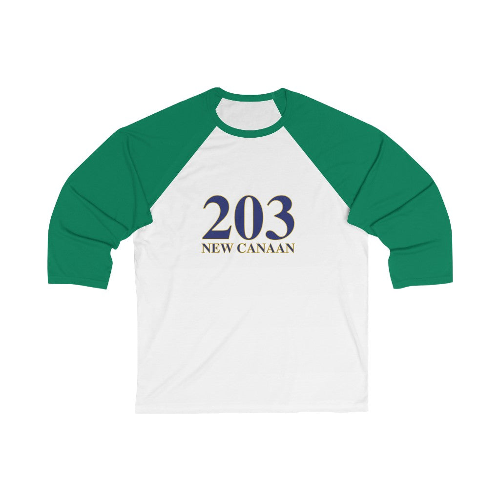 203 New Canaan Unisex 3/4 Sleeve Baseball Tee  The 203 New Canaan Collection. Show off New Canaan and Connecticut at the same time. Colors were inspired by the Connecticut state flag.   Proceeds help build Finding New Canaan and Finding Connecticut's brand. 