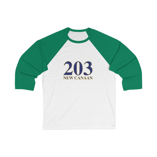 203 New Canaan Unisex 3/4 Sleeve Baseball Tee  The 203 New Canaan Collection. Show off New Canaan and Connecticut at the same time. Colors were inspired by the Connecticut state flag.   Proceeds help build Finding New Canaan and Finding Connecticut's brand. 