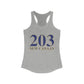 203 New Canaan Women's Ideal Racerback Tank  The 203 New Canaan Collection. Show off New Canaan and Connecticut at the same time. Colors were inspired by the Connecticut state flag.   Proceeds help build Finding New Canaan and Finding Connecticut's brand. 