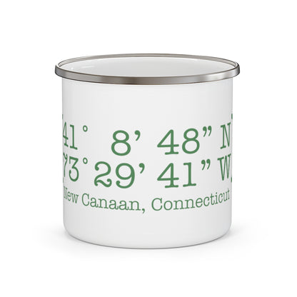 New Canaan Coordinates Enamel Camping Mug  Does New Canaan, Connecticut always have a special place in your heart. The Coordinates collection marks the spot for the special place you have ties to.   Proceeds helps grow Finding New Canaan and Finding Connecticut's brand grow. 