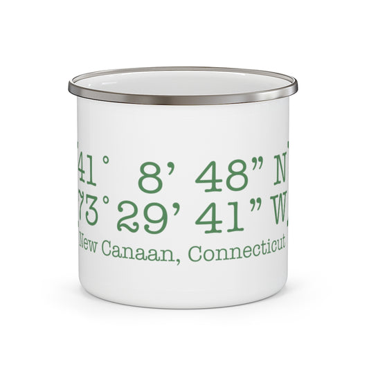 New Canaan Coordinates Enamel Camping Mug  Does New Canaan, Connecticut always have a special place in your heart. The Coordinates collection marks the spot for the special place you have ties to.   Proceeds helps grow Finding New Canaan and Finding Connecticut's brand grow. 