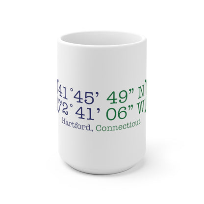 Hartford Coordinates White Ceramic Mug  Proceeds help grow Finding Connecticut's website and brand.   Click here to return to our home page. 