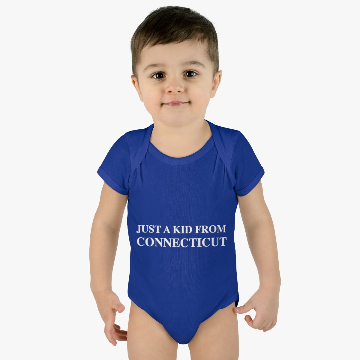 Just a kid from Connecticut Infant Baby Rib Bodysuit - White Font