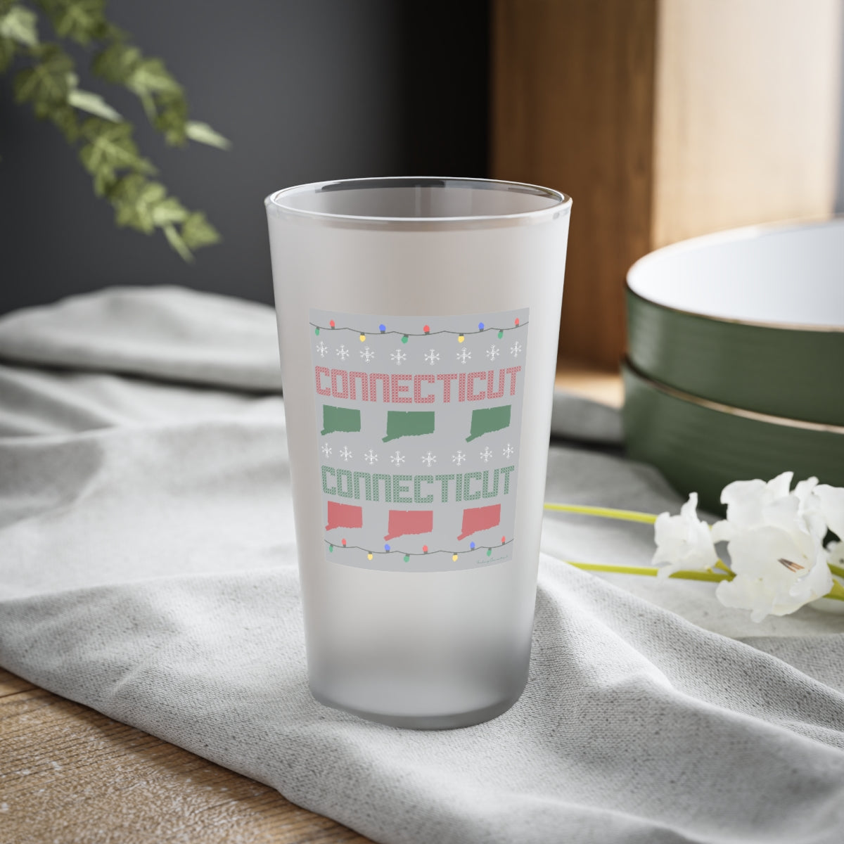 Connecticut Ugly Holiday Frosted Pint Glass, 16oz