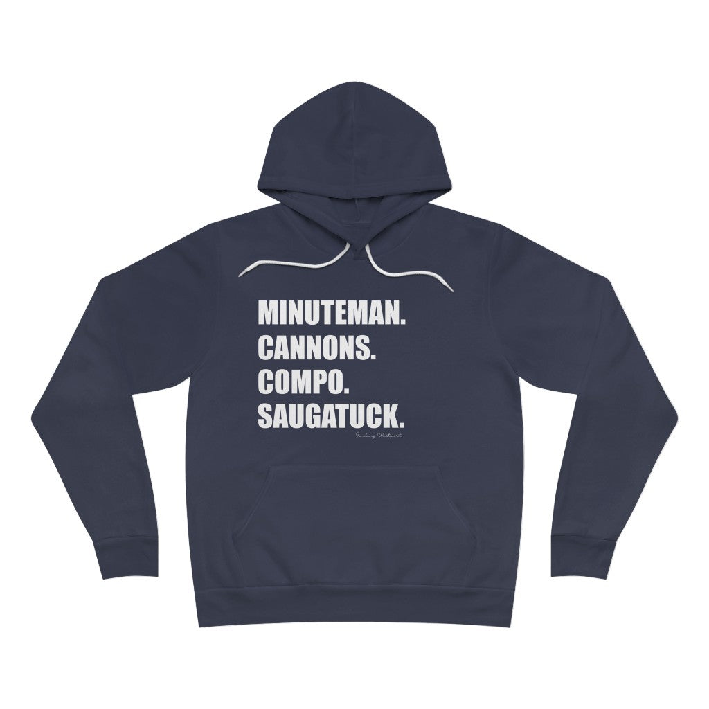 Minuteman. Cannons. Compo. Saugatuck. Unisex Spong Fleece Pullover Hoodie  How do you say Westport without saying Westport? Westport, Connecticut is filled with unique aspects. Each providing different elements that make up the town from historic to modern traditions. Minuteman. Cannons. Compo. Saugatuck. You know its Westport.   Proceeds of this collection goes to help build Finding Westport and Finding Connecticut's  brands. 