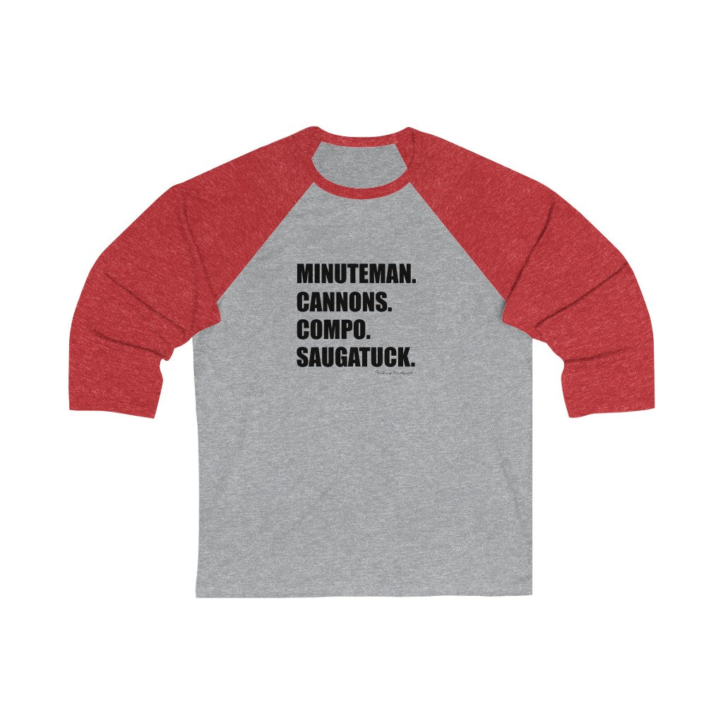 Minuteman. Cannons. Compo. Saugatuck. Unisex 3\4 Sleeve Baseball Tee