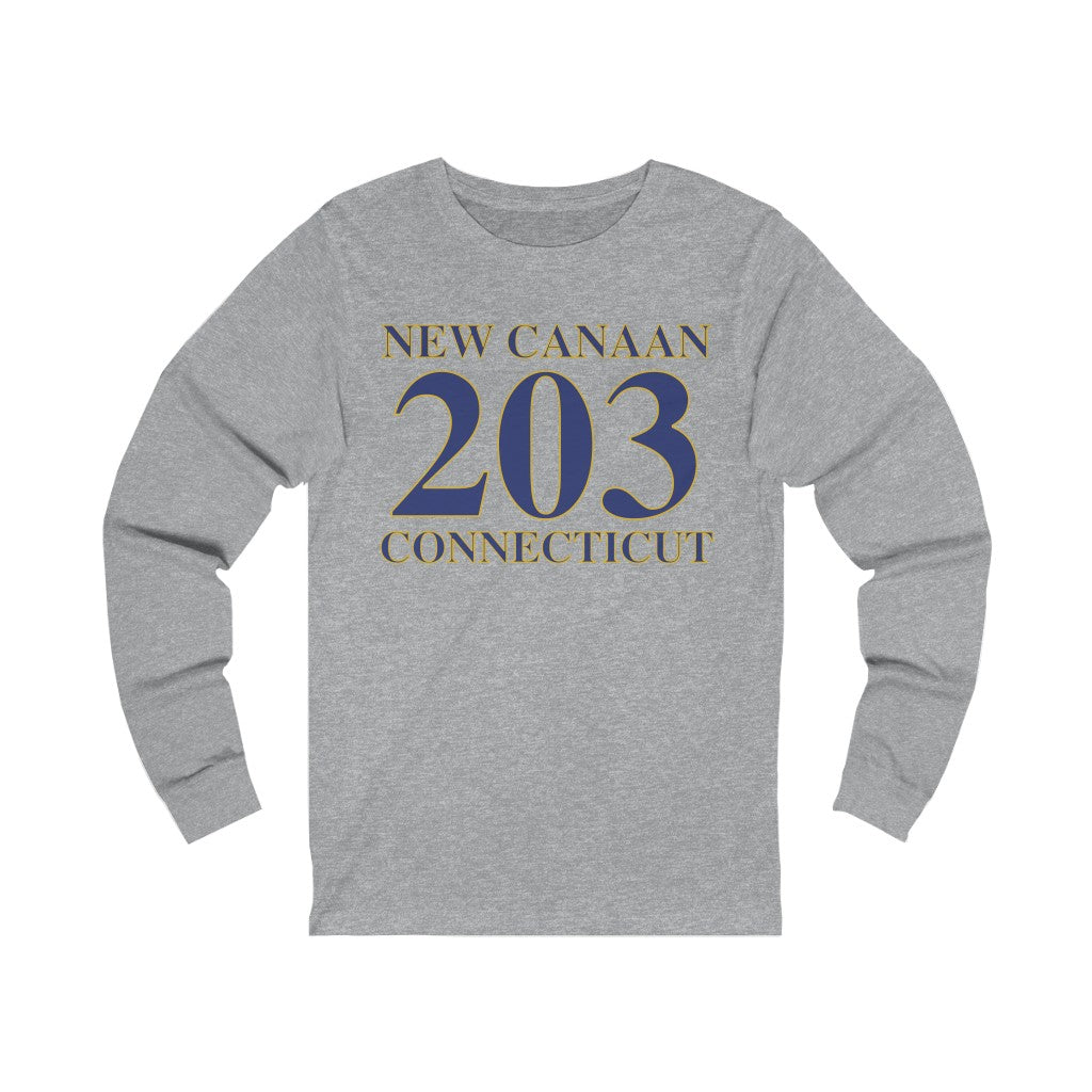 New Canaan 203 Connecticut Unisex Jersey Long Sleeve Tee  The 203 New Canaan Collection. Show off New Canaan and Connecticut at the same time. Colors were inspired by the Connecticut state flag.   Proceeds help build Finding New Canaan and Finding Connecticut's brand. 