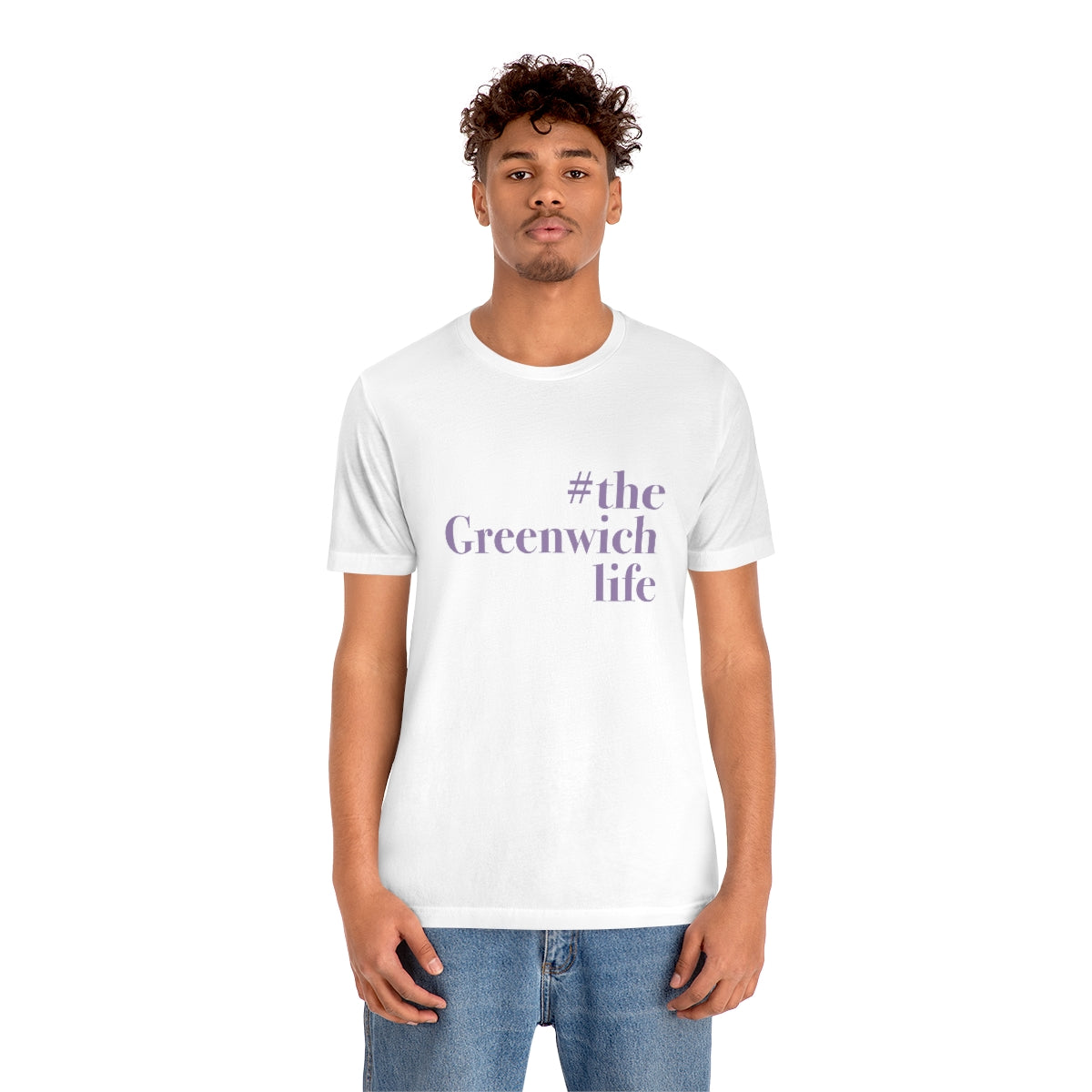 #thegreenwichlife Unisex Jersey Short Sleeve Tee (purple print)