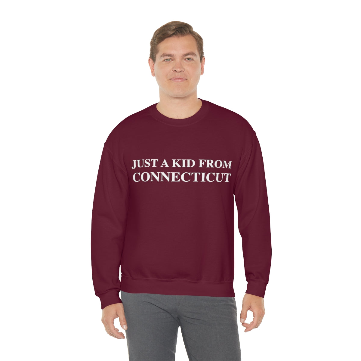 Just a Kid from Connecticut Unisex Heavy Blend™ Crewneck Sweatshirt - White Font