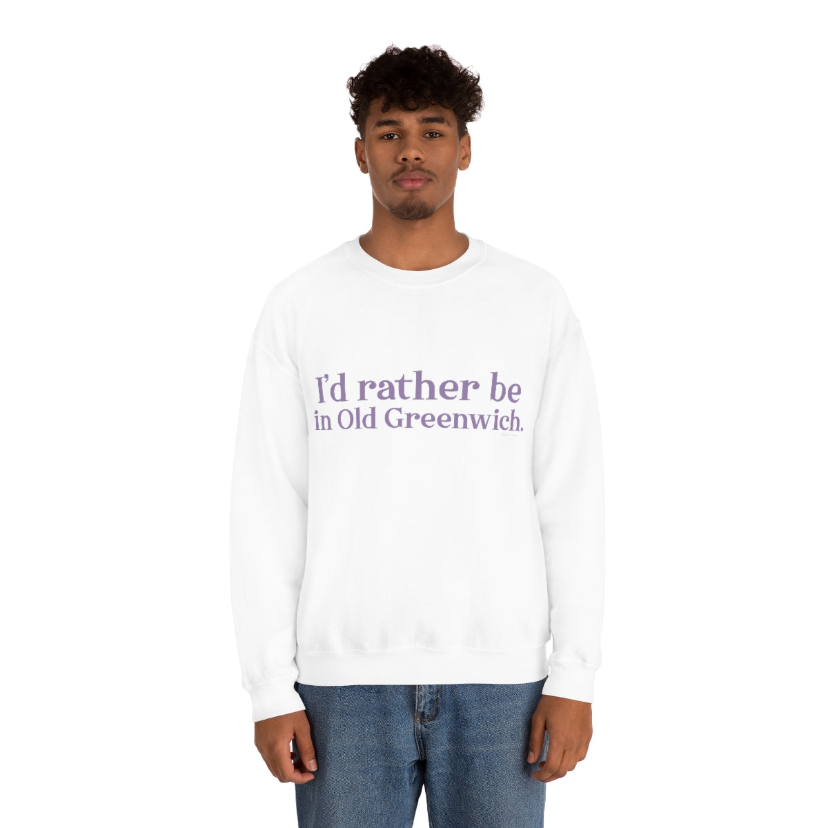 I'd rather be in Old Greenwich. Unisex Heavy Blend™ Crewneck Sweatshirt - Purple Print