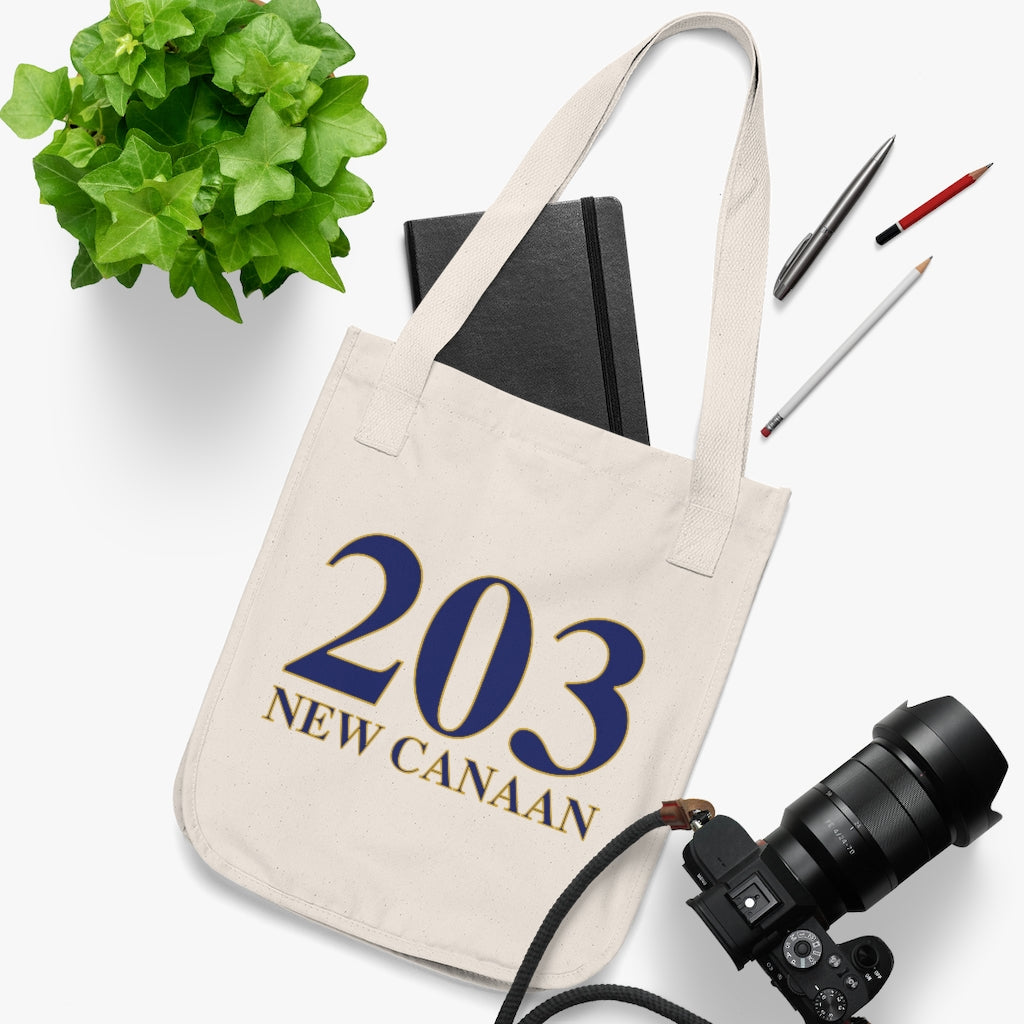 203 New Canaan Organic Canvas Tote Bag  The 203 New Canaan Collection. Show off New Canaan and Connecticut at the same time. Colors were inspired by the Connecticut state flag.   Proceeds help build Finding New Canaan and Finding Connecticut's brand.  