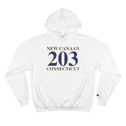 New Canaan 203 Connecticut Champion Hoodie  The 203 New Canaan Collection. Show off New Canaan and Connecticut at the same time. Colors were inspired by the Connecticut state flag.   Proceeds help build Finding New Canaan and Finding Connecticut's brand.  