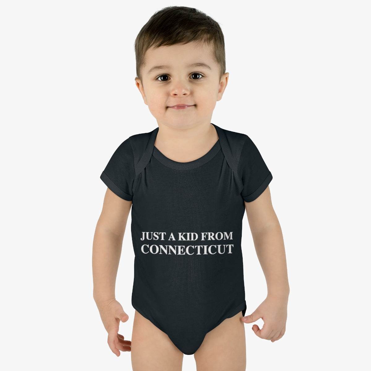 Just a kid from Connecticut Infant Baby Rib Bodysuit - White Font