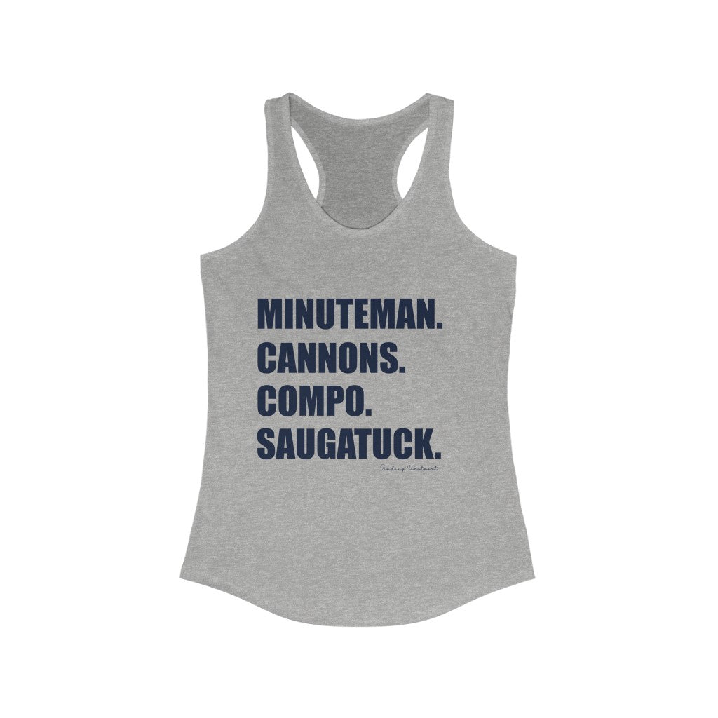 Minuteman. Cannons. Compo. Saugatuck. Women's Ideal Racerback Tank  How do you say Westport without saying Westport? Westport, Connecticut is filled with unique aspects. Each providing different elements that make up the town from historic to modern traditions. Minuteman. Cannons. Compo. Saugatuck. You know its Westport.   Proceeds of this collection goes to help build Finding Westport and Finding Connecticut's  brands. 