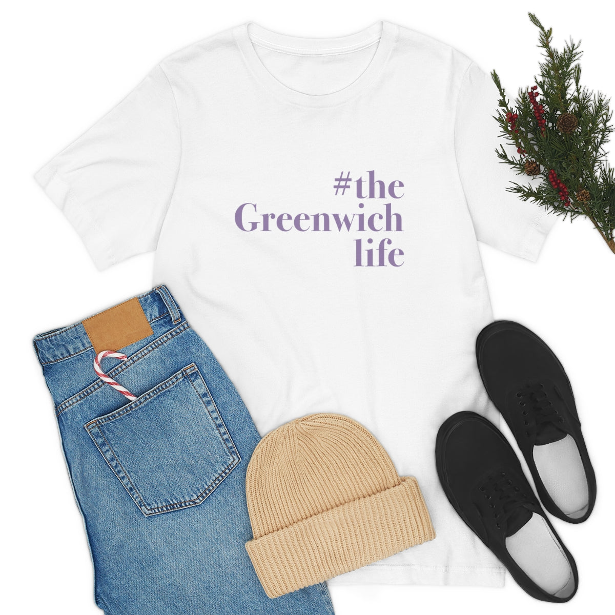 #thegreenwichlife Unisex Jersey Short Sleeve Tee (purple print)