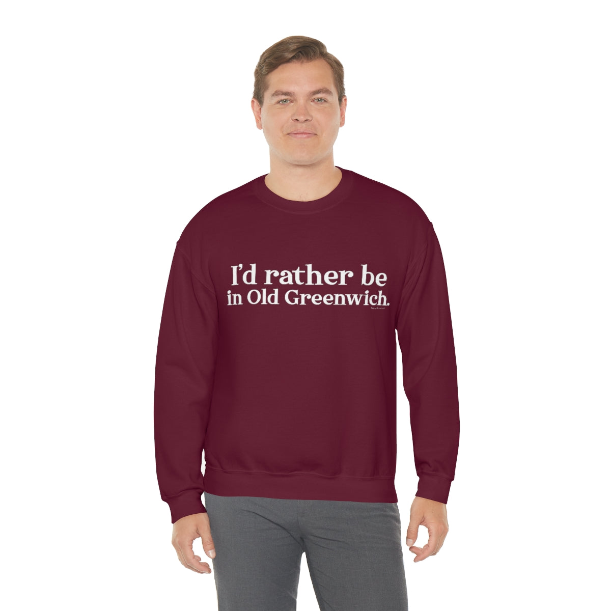 I'd rather be in Old Greenwich. Unisex Heavy Blend™ Crewneck Sweatshirt - White Print