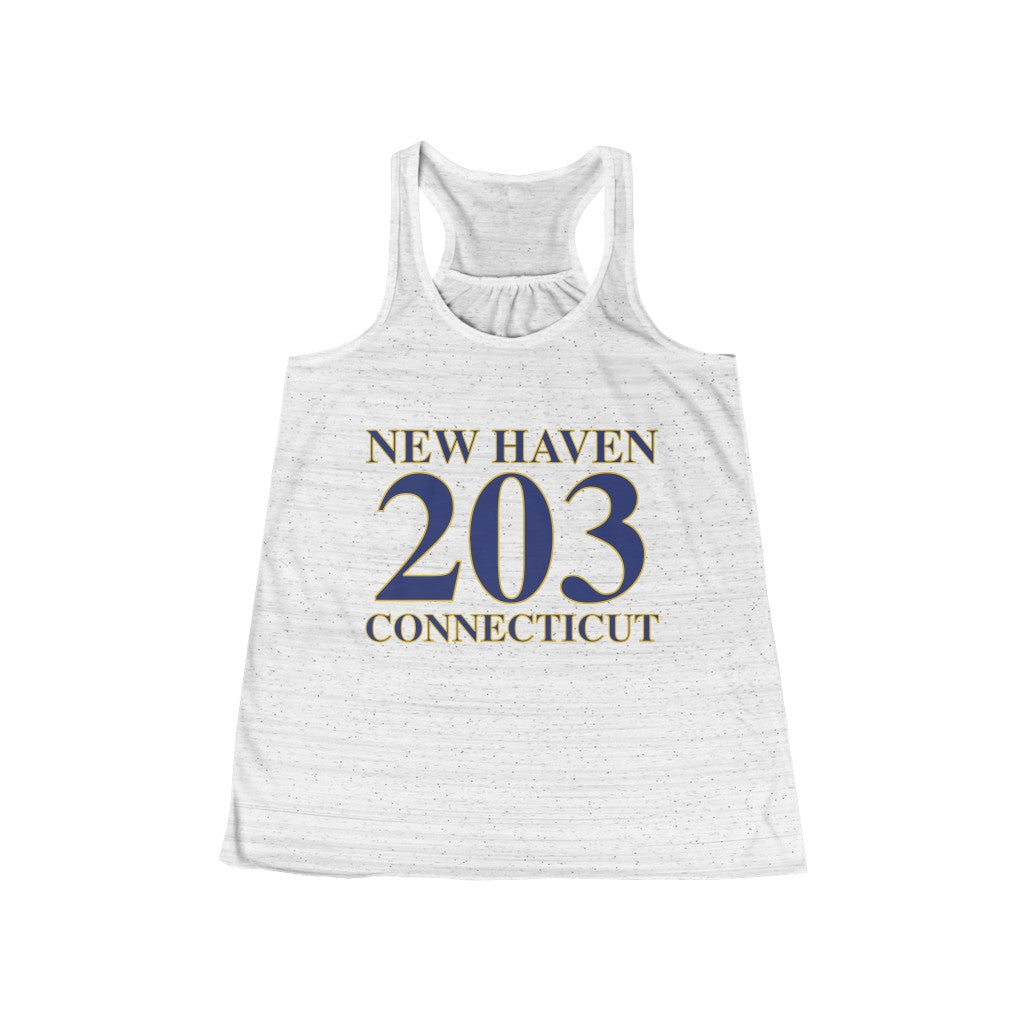 New Haven 203  Connecticut Women's Flowy Racerback Tank New Haven 203 Collection. Inspired by the Connecticut flag and the 203! Show off for your pride for Connecticut and Hartford!   Proceeds of this collection go to help build Finding Connecticut’s website and brand. • Free USA shipping   Click here to go to our home page 