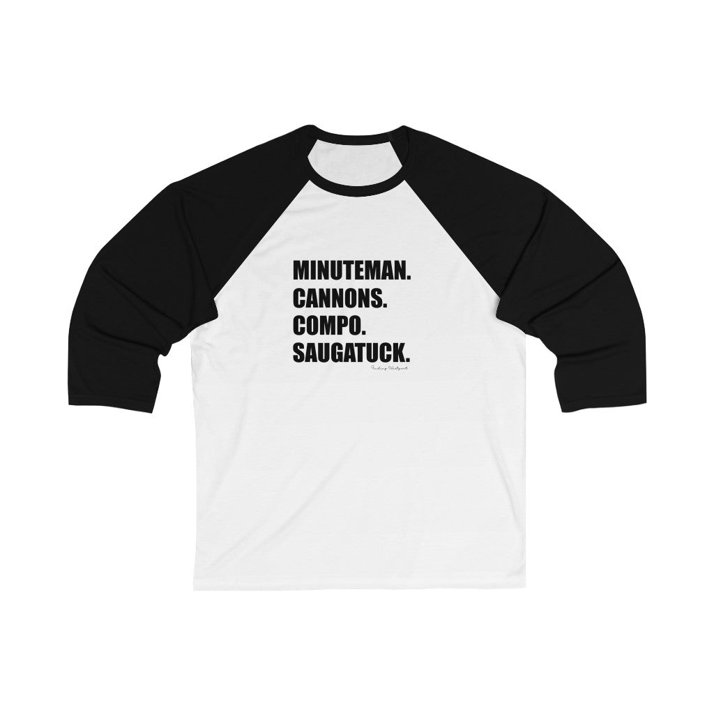 Minuteman. Cannons. Compo. Saugatuck. Unisex 3\4 Sleeve Baseball Tee