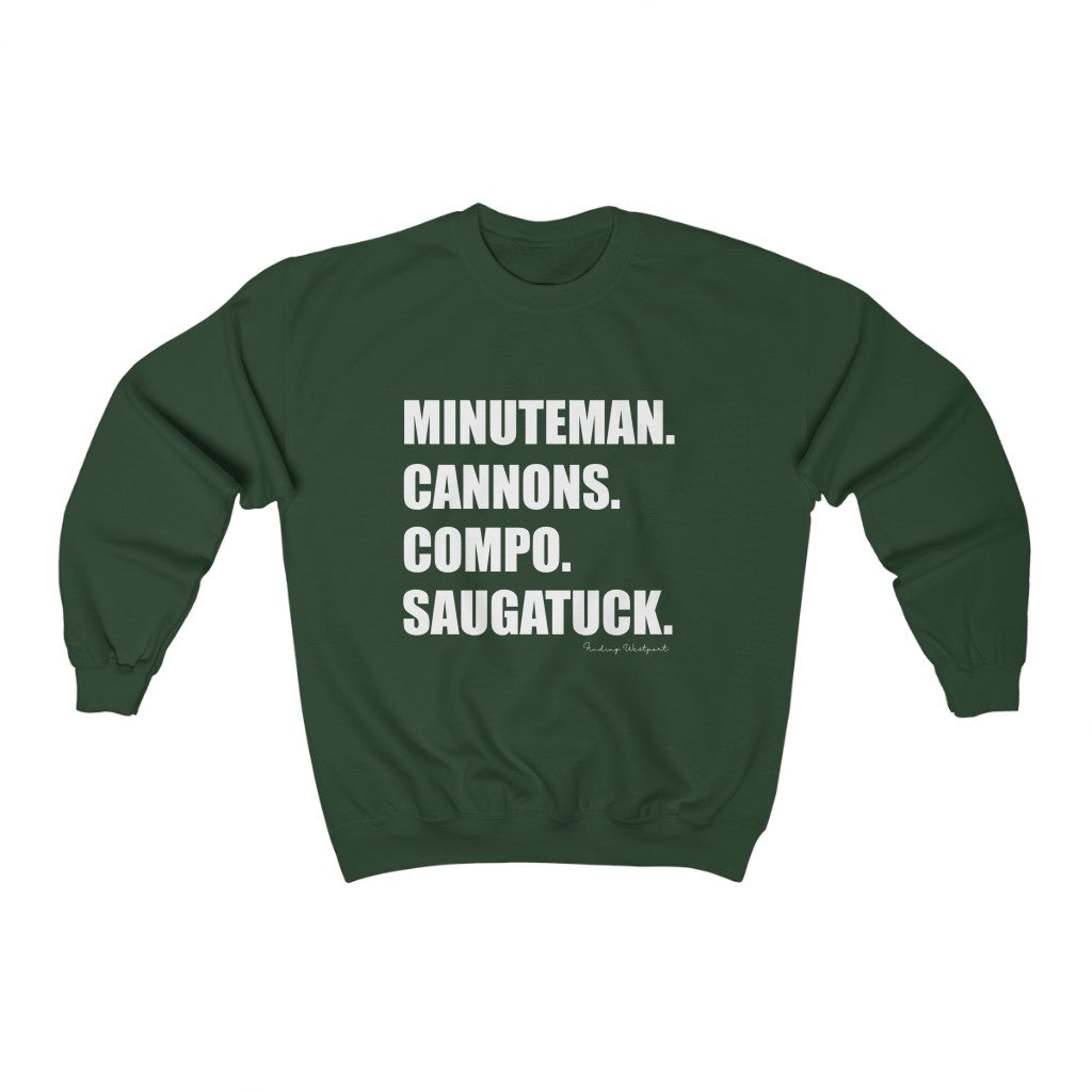 Minuteman. Cannons. Compo. Saugatuck. Unisex Heavy Blend Crewneck Sweatshirt  How do you say Westport without saying Westport? Westport, Connecticut is filled with unique aspects. Each providing different elements that make up the town from historic to modern traditions. Minuteman. Cannons. Compo. Saugatuck. You know its Westport.   Proceeds of this collection goes to help build Finding Westport and Finding Connecticut's  brands. 