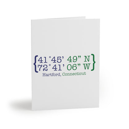 Hartford Coordinates Greeting Cards (8, 16, and 24 pcs)  Proceeds help grow Finding Connecticut's website and brand.   Click here to return to our home page.