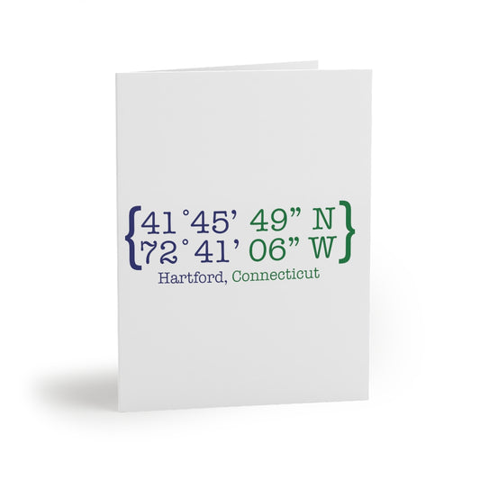 Hartford Coordinates Greeting Cards (8, 16, and 24 pcs)  Proceeds help grow Finding Connecticut's website and brand.   Click here to return to our home page.