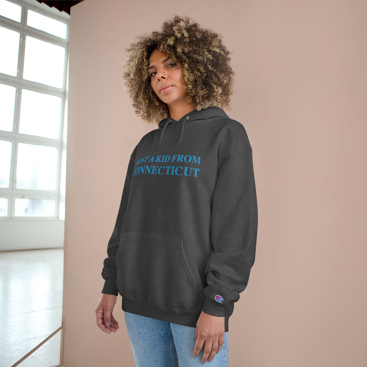 Just a kid from Connecticut Champion Hoodie - Blue Font