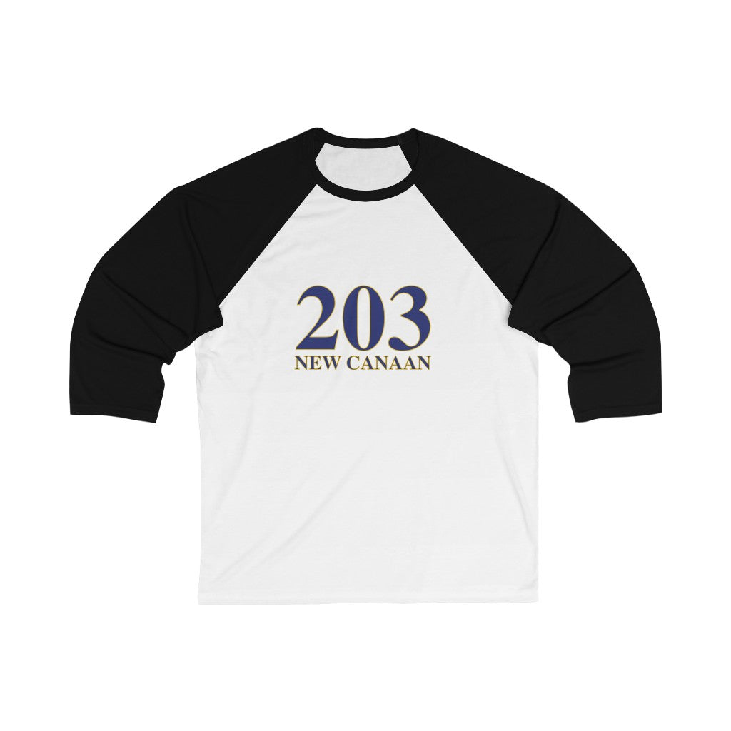 203 New Canaan Unisex 3/4 Sleeve Baseball Tee  The 203 New Canaan Collection. Show off New Canaan and Connecticut at the same time. Colors were inspired by the Connecticut state flag.   Proceeds help build Finding New Canaan and Finding Connecticut's brand. 