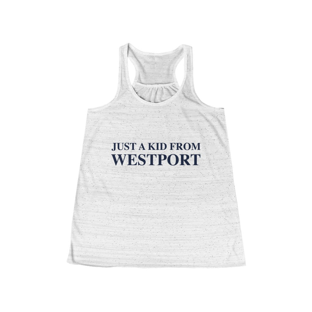 Just a kid from Westport Women's Flowy Racerback Tank