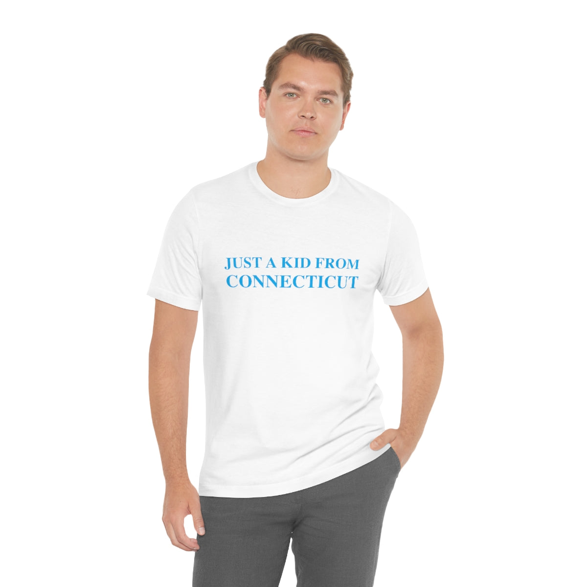 Just a kid from Connecticut Unisex Jersey Short Sleeve Tee - Blue Font