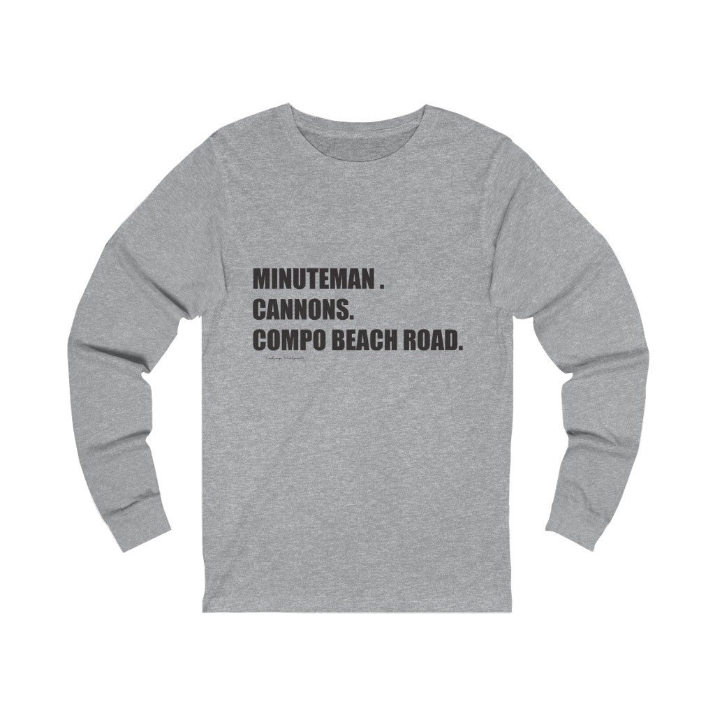 Minuteman. Cannons. Compo Beach Road. Unisex Jersey Long Sleeve Tee  How do you say Westport without saying Westport? Westport, Connecticut is filled with unique aspects. Each providing different elements that make up the town from historic to modern traditions. Minuteman. Cannons. Compo Beach Road. You know its Westport.   Proceeds of this collection goes to help build Finding Westport and Finding Connecticut's  brands. 