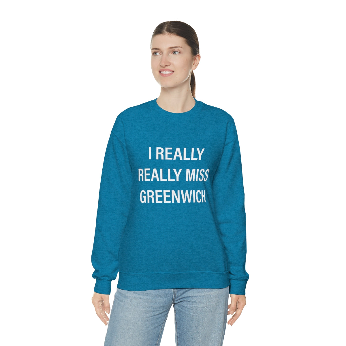 I Really Really Miss Greenwich Unisex Heavy Blend™ Crewneck Sweatshirt- White Print