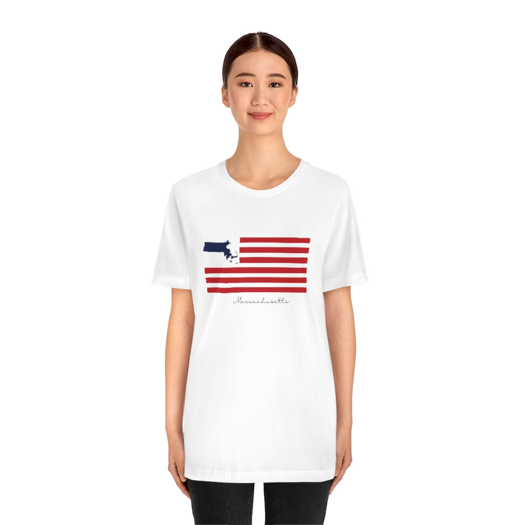 Massachusetts  American Flag collection has tee shirts, mugs, reusable bags, and other apparel and gifts. All proceeds goes to help build the Finding New England brand and get our website up and going. Free shipping on all products. 