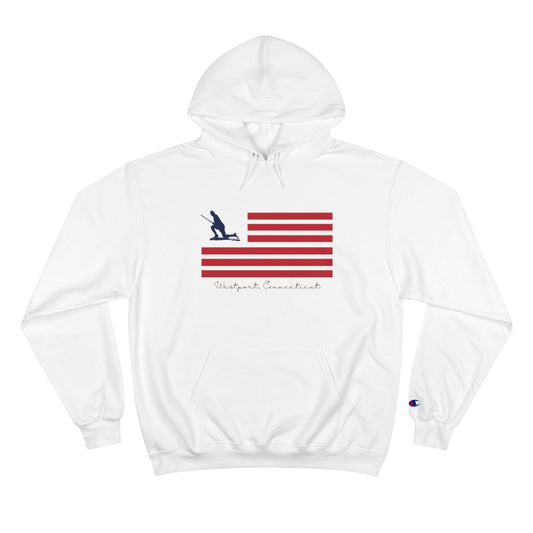 Westport Connecticut hoodie. Minuteman Flag (front) Champion Hoodie