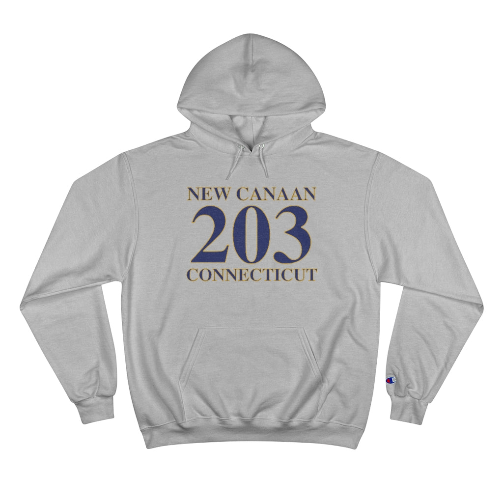 New Canaan 203 Connecticut Champion Hoodie  The 203 New Canaan Collection. Show off New Canaan and Connecticut at the same time. Colors were inspired by the Connecticut state flag.   Proceeds help build Finding New Canaan and Finding Connecticut's brand.  