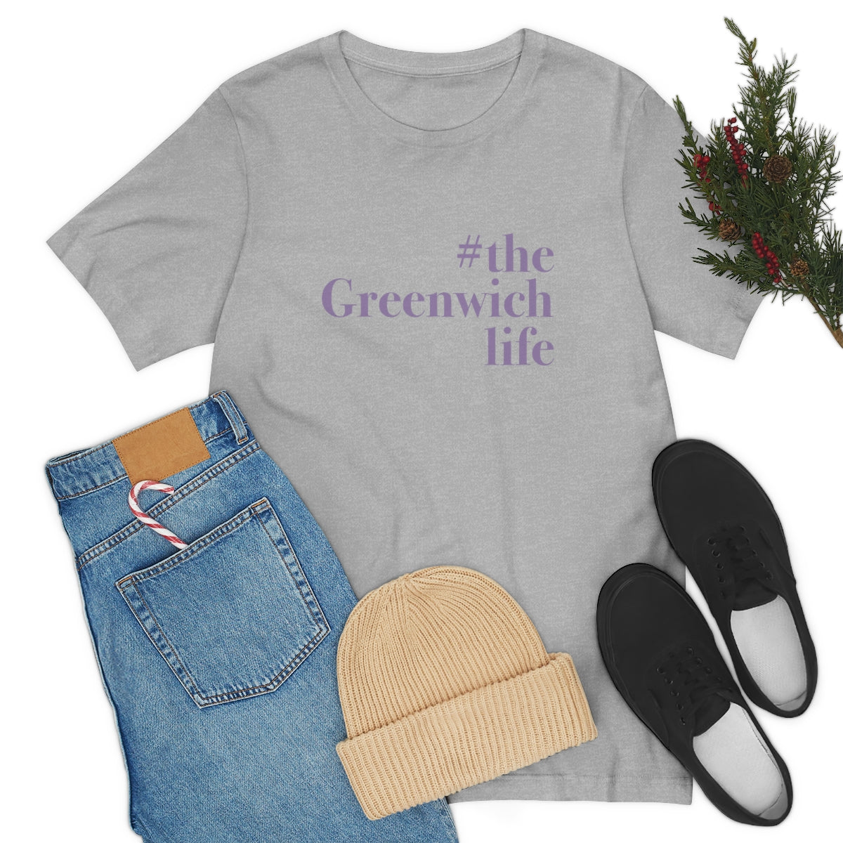 #thegreenwichlife Unisex Jersey Short Sleeve Tee (purple print)