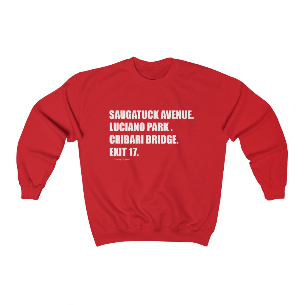 Saugatuck Ave. Luciano Park. Cribari Bridge. Exit 17. Unisex Heavy Blend Crewneck Sweatshirt  How do you say Westport without saying Westport? Westport, Connecticut is filled with unique aspects. Each providing different elements that make up the town from historic to modern traditions.   Proceeds of this collection goes to help build Finding Westport and Finding Connecticut's  brands. 