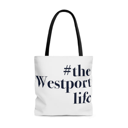  #thewestportlife AOP Tote Bag   Do you live the #thewestportlife? Living the #thewestportlife is a lifestyle and proudly show it off the world that your beach of choice is Compo Beach and you support the local lifestyle.  Free USA shipping on all products.  Proceeds of this collection goes to help grow Finding Westport and Finding Connecticut’s brand.