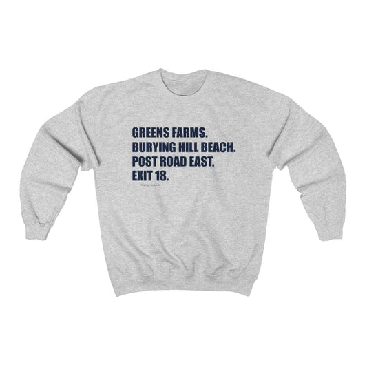  Greens Farms. Burying Hill Beach. Post Road East. Exit 18. Unisex Heavy Blend Crewneck Sweatshirt   How do you say Westport without saying Westport? Westport, Connecticut is filled with unique aspects. Each providing different elements that make up the town from historic to modern traditions.   Proceeds of this collection goes to help build Finding Westport and Finding Connecticut's  brands. 